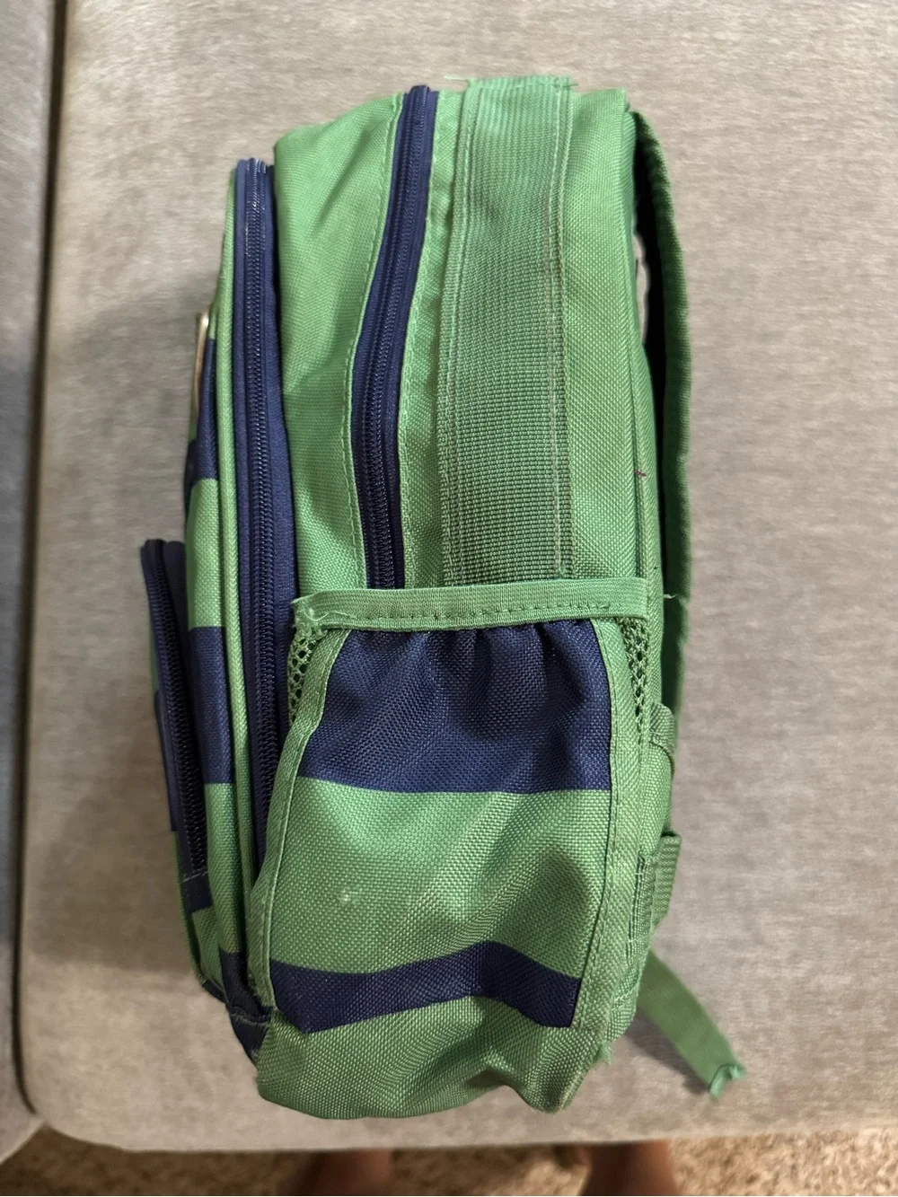 Pottery Barn Kids Green and Navy Striped Backpack with matching lunch box.